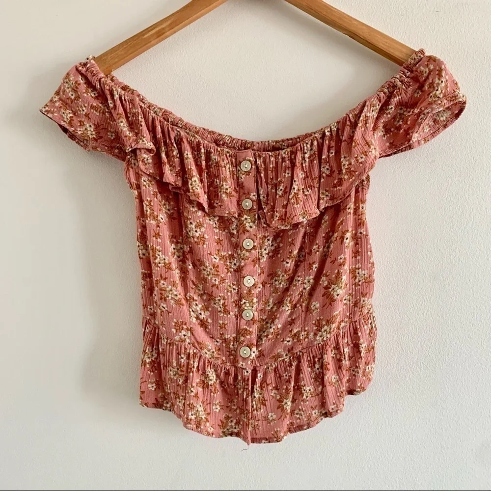American EAGLE Floral Ditsy Off Shoulder Button Summer Top Ruffle Neckline - Picture 3 of 11